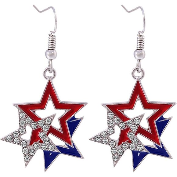 Women's White Blue Stripe American Flag USA Patriotic Dangle Earrings - Picture 1 of 6